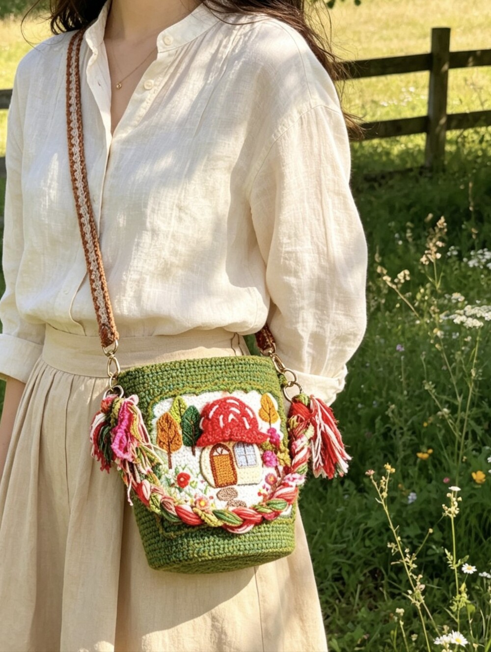 Handmade Crochet Mushroom House Boho Crossbody Bag, Cottagecore Shoulder Bag - Picture 4 of 16